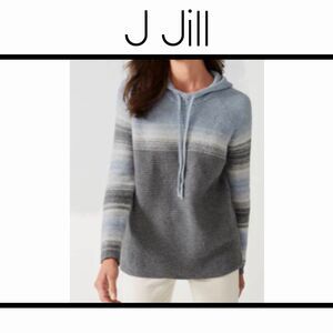 J Jill Ombré Striped Textured Hoodie Sweater Blue Gray Small Petite